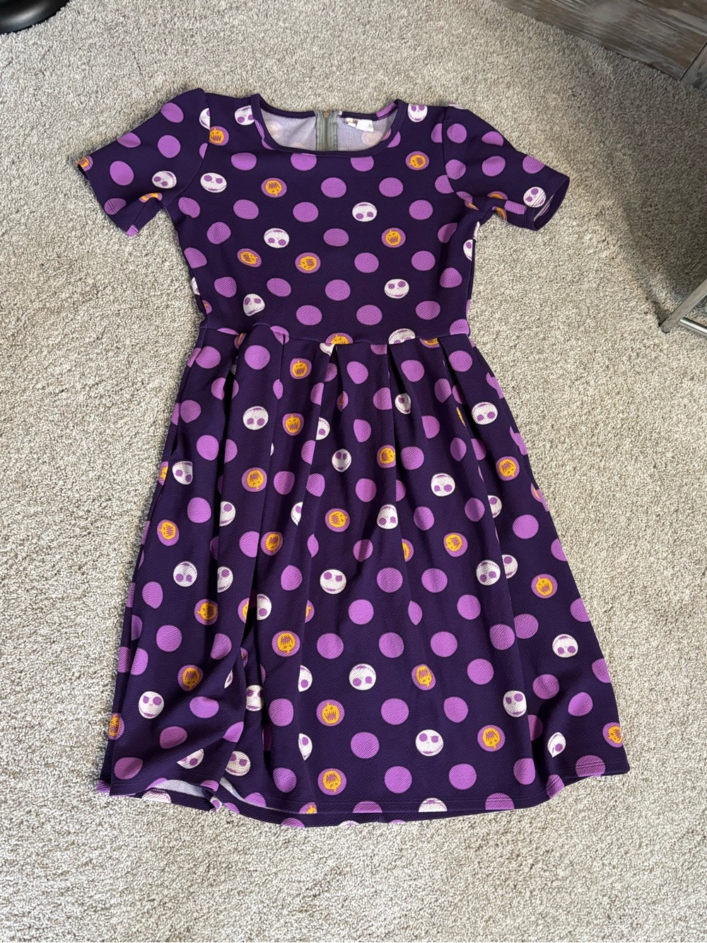 Lularoe Purple Skull Polka Dot Knee Length Dress NWOT M Halloween Whimsical